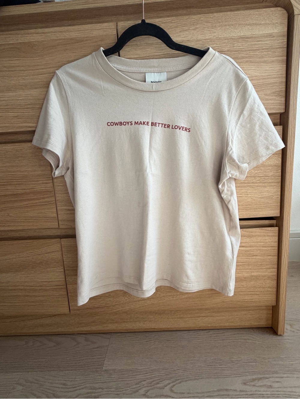 Reformation Crewneck Tee - Beige with Maroon Text - never worn